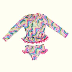Betsey Johnson Little Girl’s Swimsuit Longsleeve Pom-Pom Two-Piece (Size 4T)